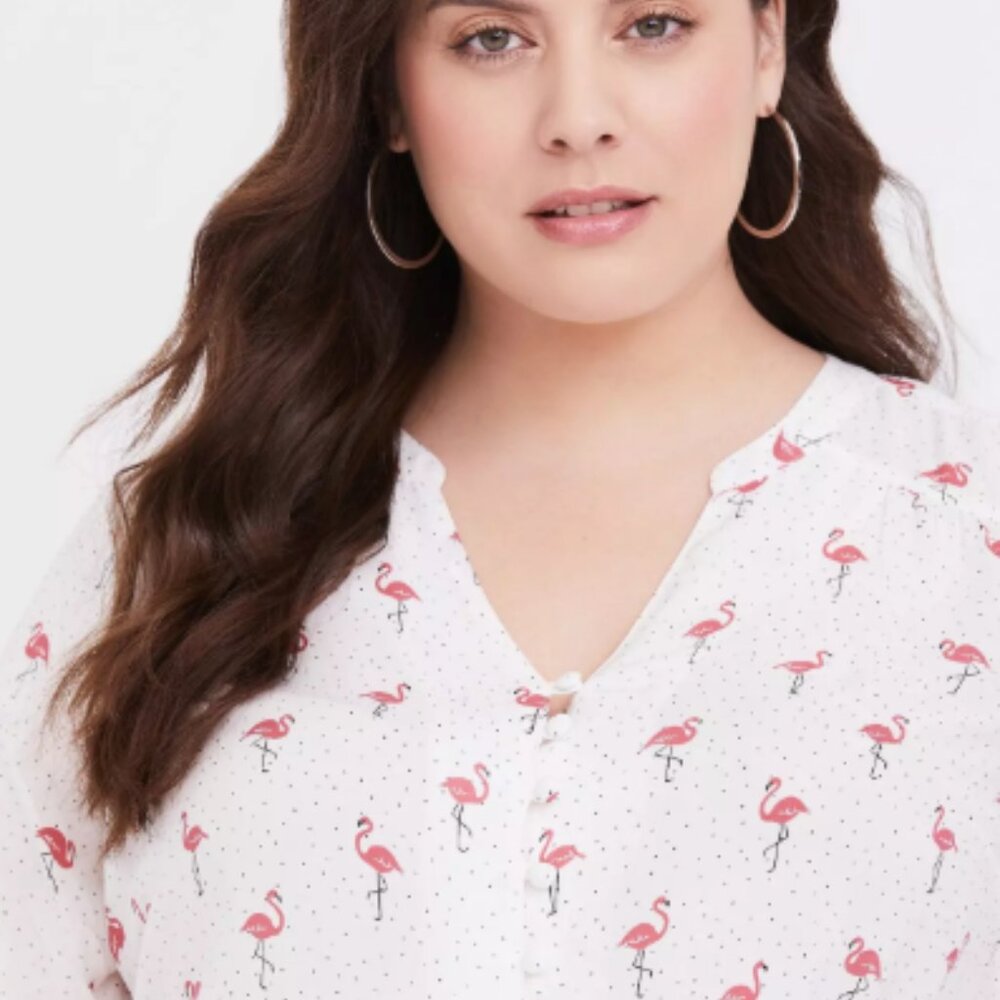Torrid 2X White Flamingo Print Harper Challis Button Front 3/4 Sleeve Blouse - Picture 3 of 10